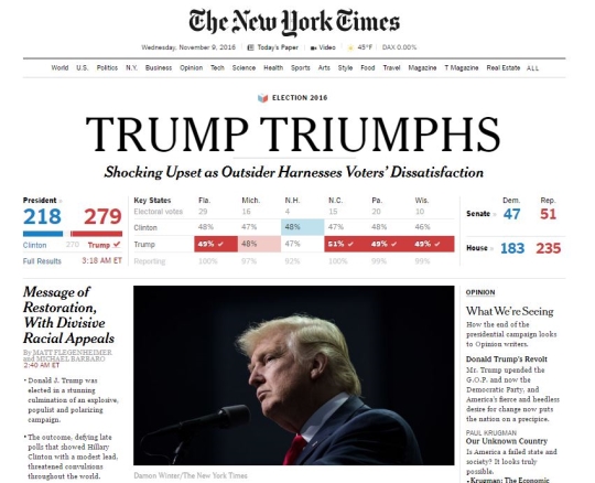 9일 오후 5시(한국시간) 현재 뉴욕타임스의 메인화면에 도널드 트럼프의 당선을 알리는 기사 TRUMP TRIUMPHS (트럼프가 승리했다)가 떠있다. ⓒ뉴욕타임스