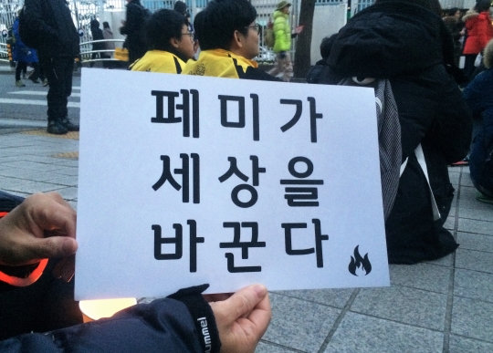 이날 페미존에 참석한 페미니스트들은 “페미가 세상을 바꾼다” 등의 구호를 외치며 박근혜 정권 퇴진을 촉구했다. ⓒ강푸름 기자
