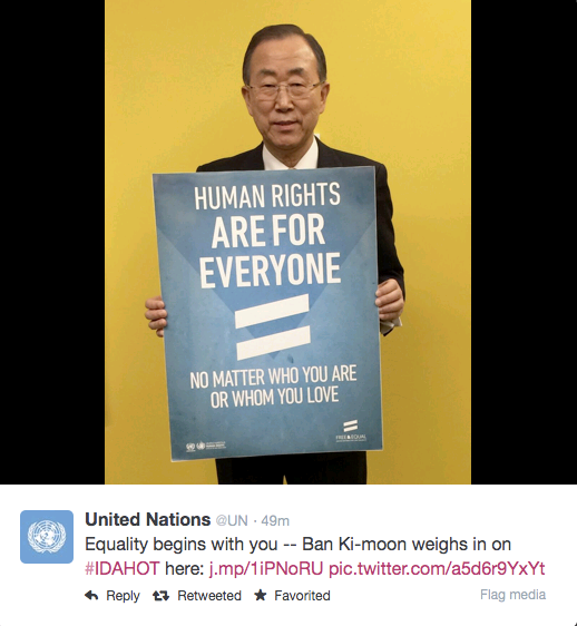 2014년 5월17일 반기문 유엔 총장은 아이다호 데이(IDAHO-International Day Against Homophobia & Transphobia,국제 성소수자 혐오 반대의 날)를 맞아 성소수자 인권을 지지하는 성명을 발표했다.