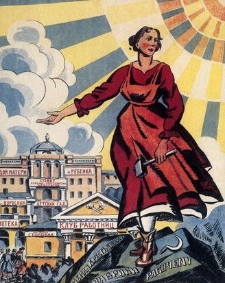 붉은 옷을 입은 여성이 망치를 들고 뒷편의 도서관, 어머니의집, 여성노동자클럽, 탁아소 등을 가리키는 포스터. 대다수가 문맹이었던 여성들을 대상으로 전시회와 토론회, 포스터 제작이 이뤄졌고 독자들을 위해 다양한 읽을거리를 만들어야 했다. ⓒradical.ru