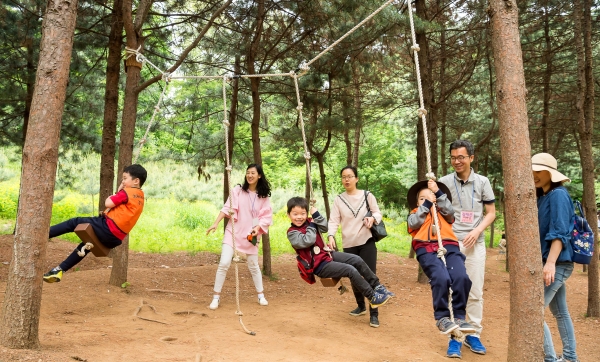 지난 5월 서울 양천구 신정3동에 위치한 유아숲체험원에서 열린 제5회 유아숲체험 가족축제에서 아이들이 밧줄타기를 하고 있다.