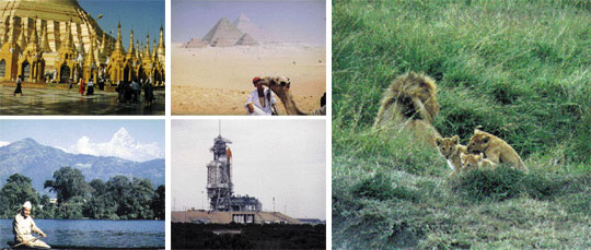 (왼쪽상단부터 시계방향으로) 미얀마 랭군사원. 이집트의 기자 피라미드. 케냐의 마사이 마라 국립공원. 미국 플로리다주의 케네디 우주센터. 우주선‘디스커비리호’발사 이틀 전에 촬영했다. 네팔의 포카라.