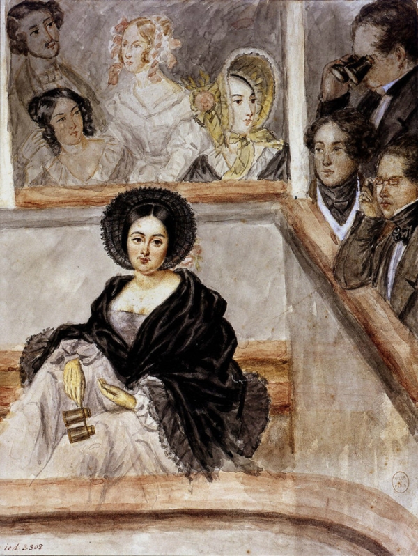 마리 뒤플레시가 극장에 앉아 있는 모습을 그린 수채화. ⓒWikimedia Commons/Camille-Joseph-Etienne Roqueplan