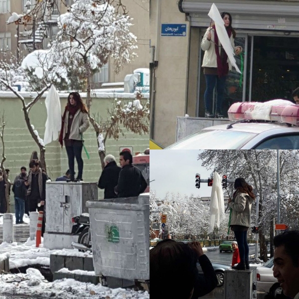 이란 경찰은 1일 공공장소에서 히잡을 벗고 반대시위를 벌인 여성 29명을 체포했다. ⓒArmin Navabi 트위터