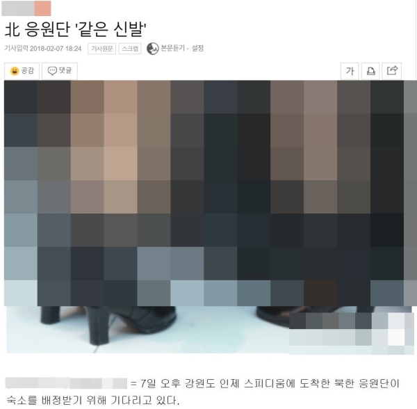 한 통신사는 지난 7일 방남한 북한 응원단의 신체 일부를 강조한 사진을 보도해 비판을 받았다. ⓒ해당 매체 사진기사 캡처