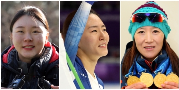 국가대표 144명 중 올림픽에 4회 이상 출전한 선수는 단 4명뿐이며, 3명이 여성이다. (왼쪽부터) 스피드 스케이팅 노선영 선수와 이상화 선수, 크로스컨트리 이채원 선수.