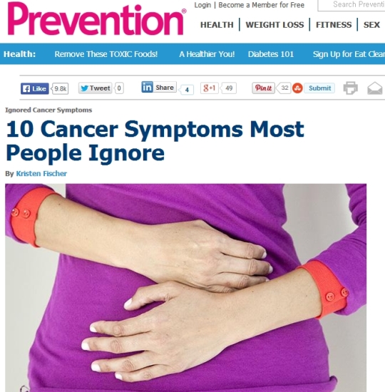 무시하기 쉬운 암 증상 10가지가 공개돼 화제를 모으고 있다. ⓒ프리벤션(http://www.prevention.com/health/health-concerns/ignored-cancer-symptoms) 온라인 캡쳐