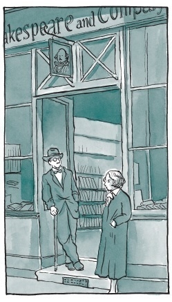 앨리슨 벡델이 자신의 책 『펀 홈(Fun Home』에 그린 실비아 비치(오른쪽)와 셰익스피어 앤드 컴퍼니의 모습 ⓒ출판사 움직씨