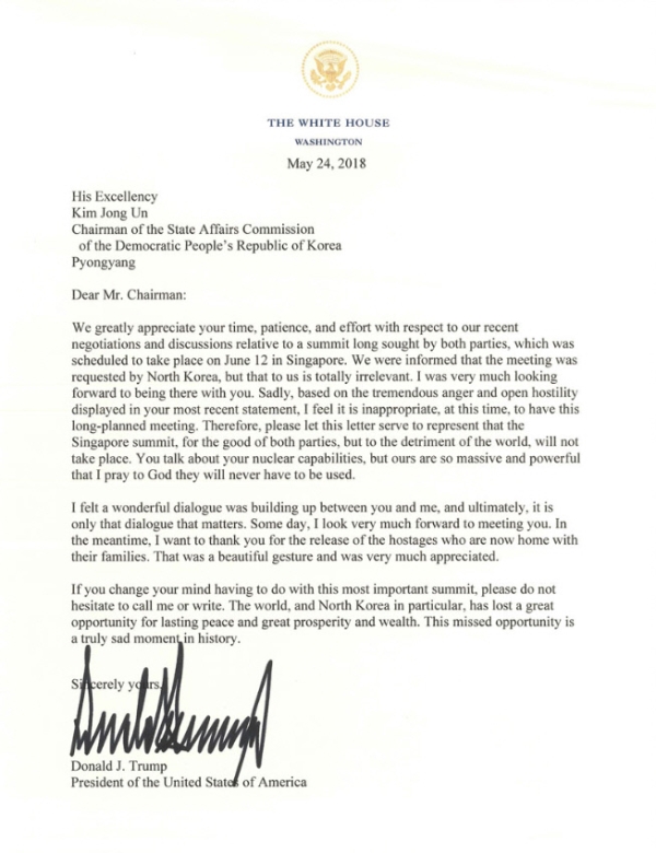 미국 백악관이 24일(한국 시각) 공개한, 트럼프 대통령이 김정은 북한 국무위원장에게 쓴 서한 ⓒ백악관