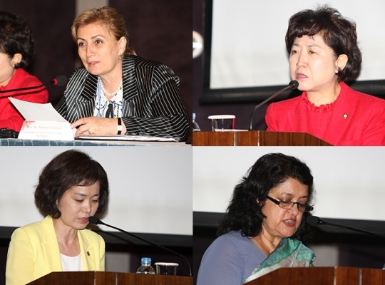 (Clockwise from top left) lawmaker Malahat Ibrahimqizi(Azerbaijan), lawmaker Park In-sook(Korea), Minister of Womens Affairs Kantha Phavi(Cambodia), and Vice Minister of Gender Equality and Family Lee Bok-sil(Korea) are speaking at the 7th ICAPP Special Conference Plenary Session.