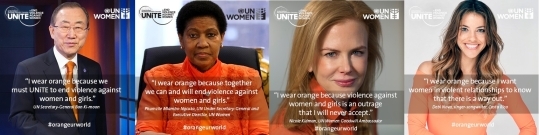 The UN is waging a campaign that calls on everyone to share a photo wearing something orange, with the message “I wear orange because…” In the pictures are UN Secretary-General Ban Ki-moon, UN Women Executive Director Phumzile Mlambo-Ngcuka, UN Goodwill Ambassador and actress Nicole Kidman, and Costa Rican singer Debi Nova (from left)   ⓒ UN SayNo-UNiTE Campaign website