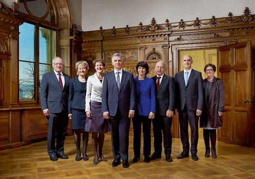 Members of the Federal Council. President Didier Burkhalter, fourth from the left. There is an equal number of male and female representatives.