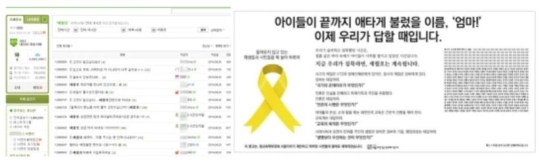 On the left, a writing posted on ‘Lemon**,’ a virtual community which has gained popularity among mothers. On the right, an ad that The Parents for True Education published in daily newspapers.