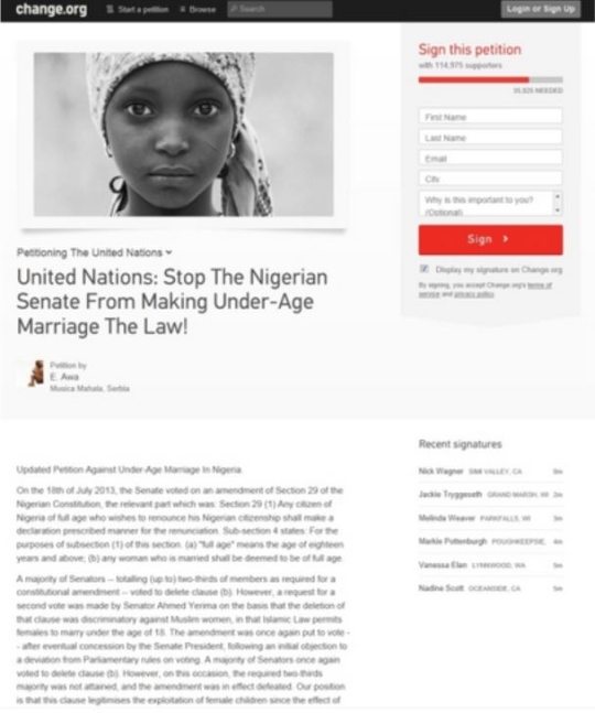 Online petition calling on the UN to put a stop to under-age child marriage in Nigeria.
